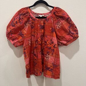 Sundance Printed Graceful Days Blouson Style Top Button-Up Balloon Sleeve Sz LP